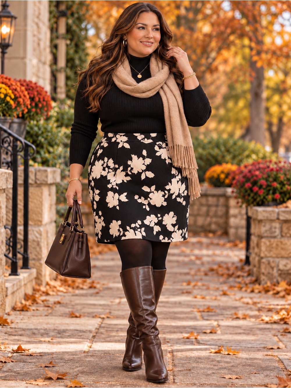 Talbots Plus Size 18P Black Ivory Floral Textured Lined Skirt